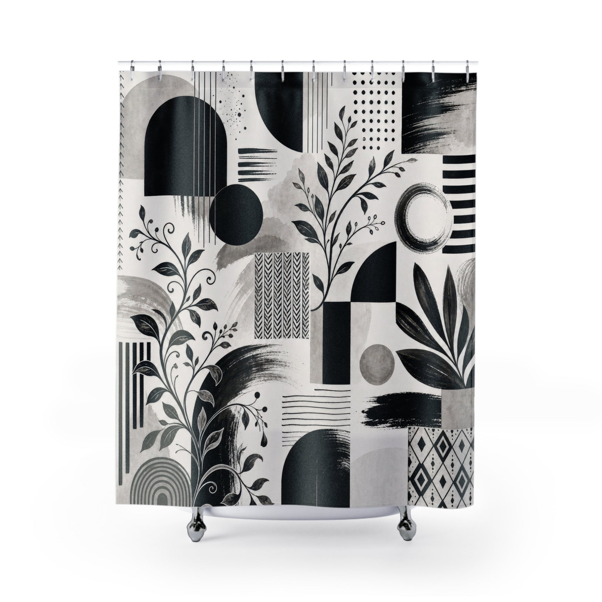 Black White Geometric Floral Shower Curtain