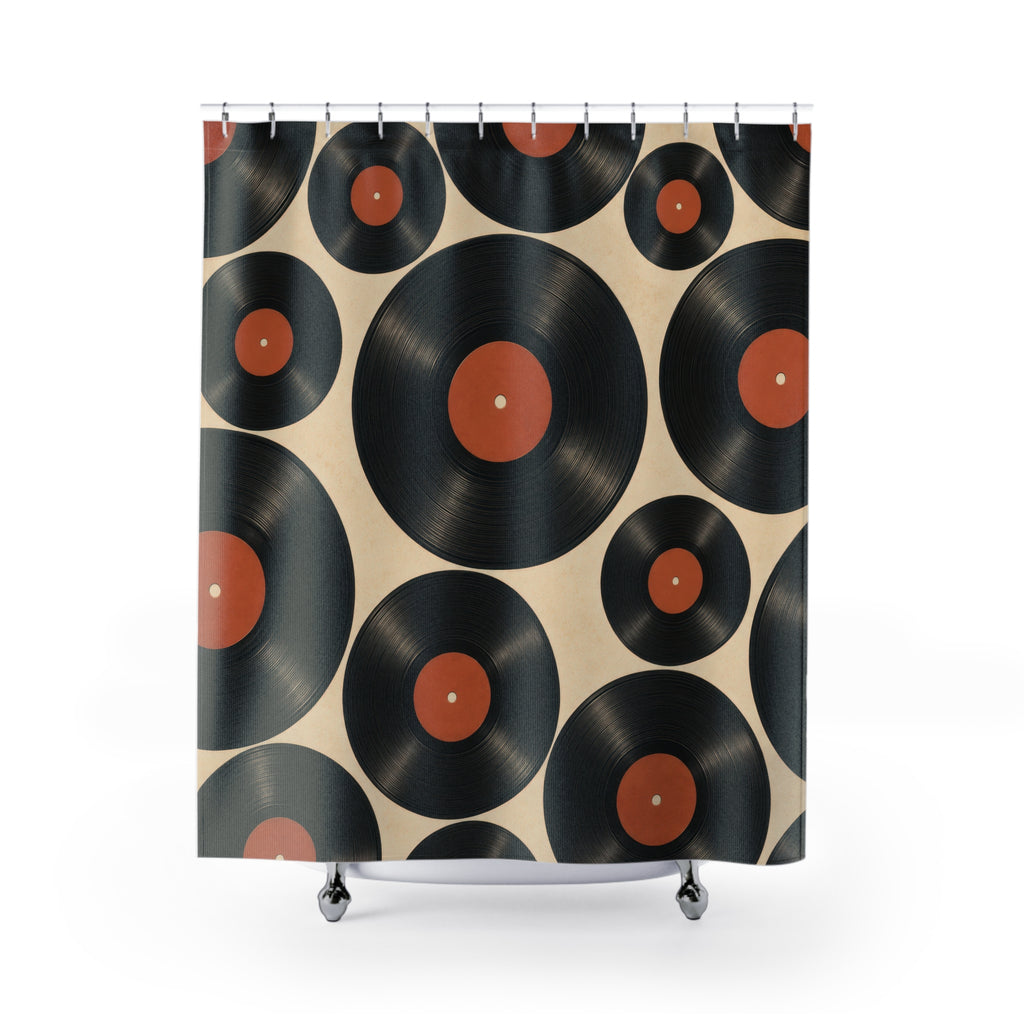 Black and burnt-orange vinyl record pattern shower curtain with full front view