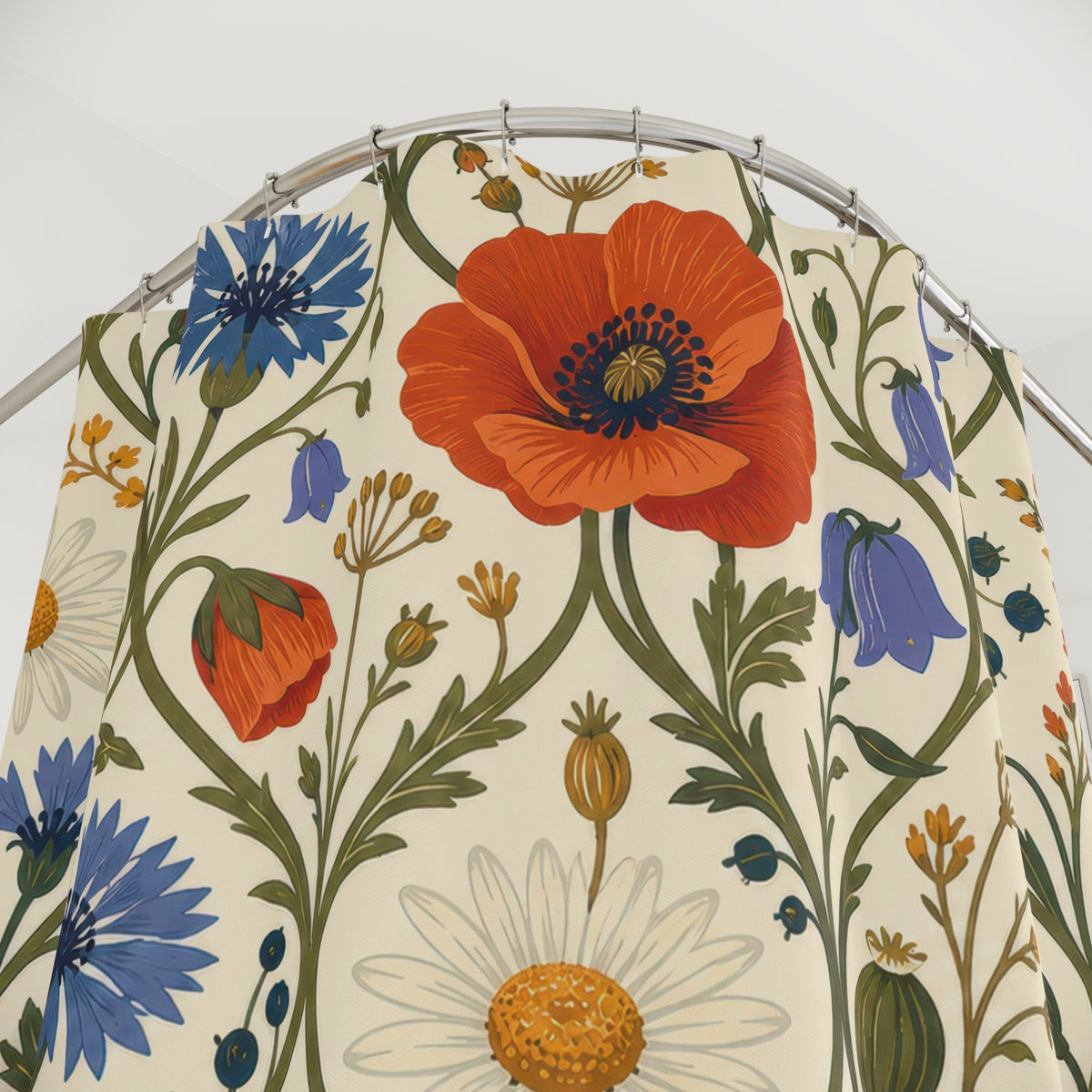 Folk wild flower pattern with poppies cornflowers and daisies shower curtain with close-up print, hooks, and folds