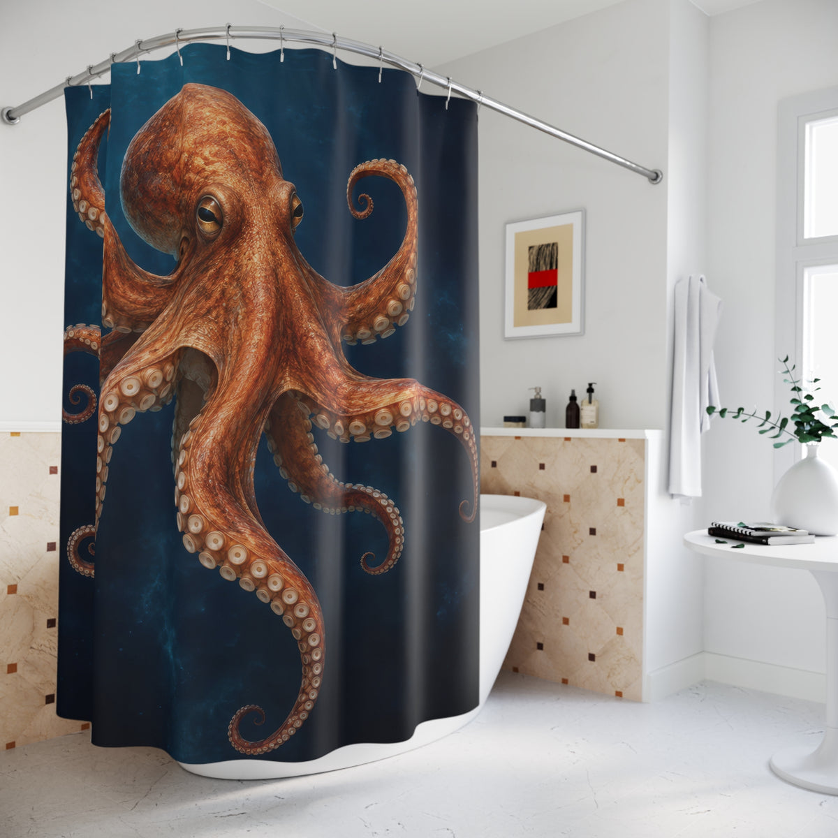 Copper-orange octopus with pale suction cups in deep blue water shower curtain beside a freestanding tub