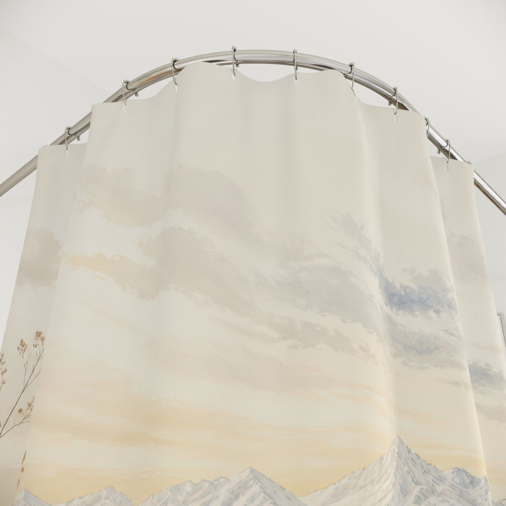 Ivory frost meadow with blue botanicals and mountains shower curtain with close-up print, hooks, and folds