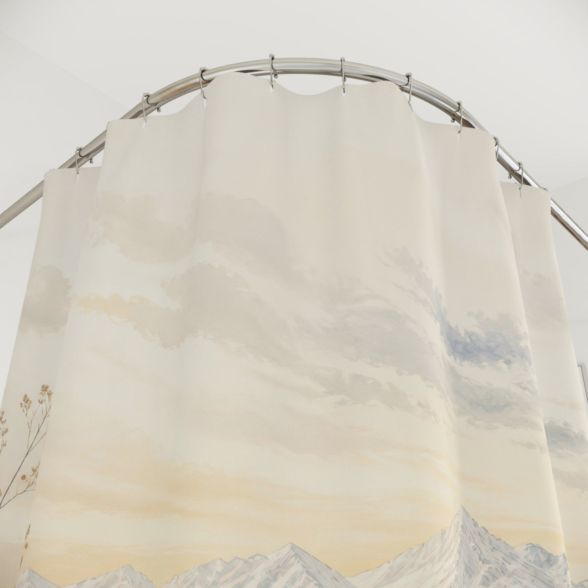 Ivory frost meadow with blue botanicals and mountains shower curtain with close-up print, hooks, and folds