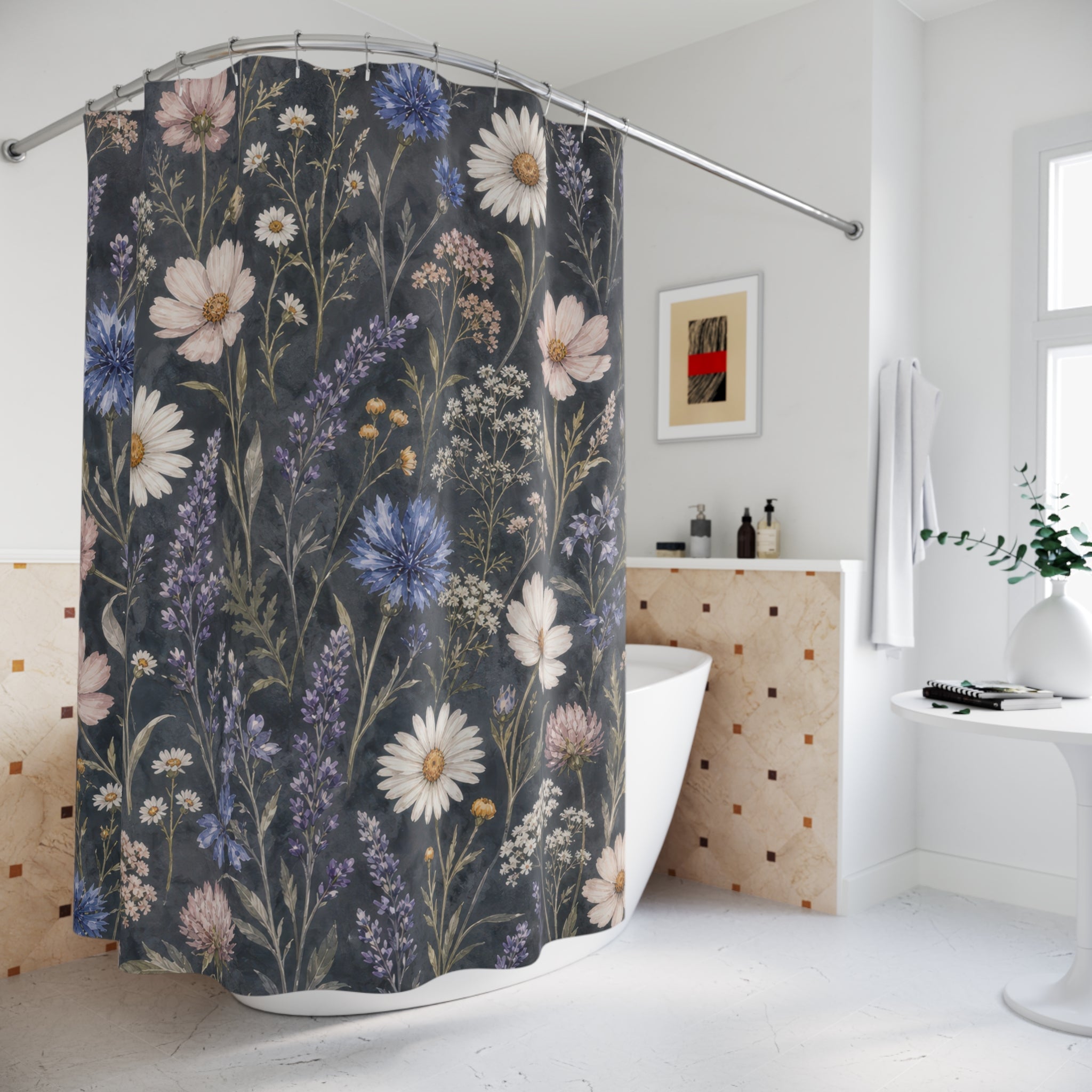 Blue Daisy Wildflower Watercolor Shower Curtain