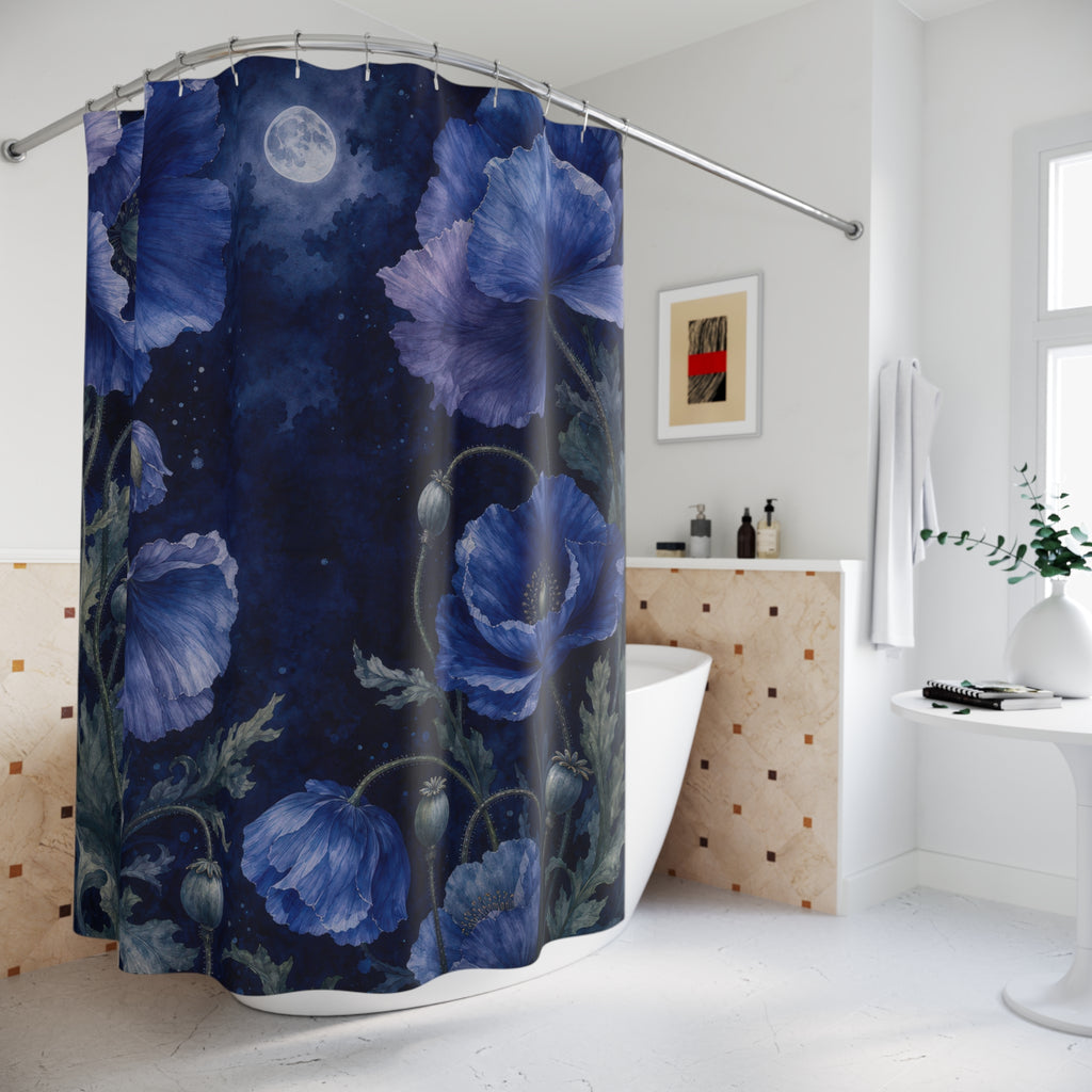 Sapphire Poppy Canopy Navy Blue Shower Curtain
