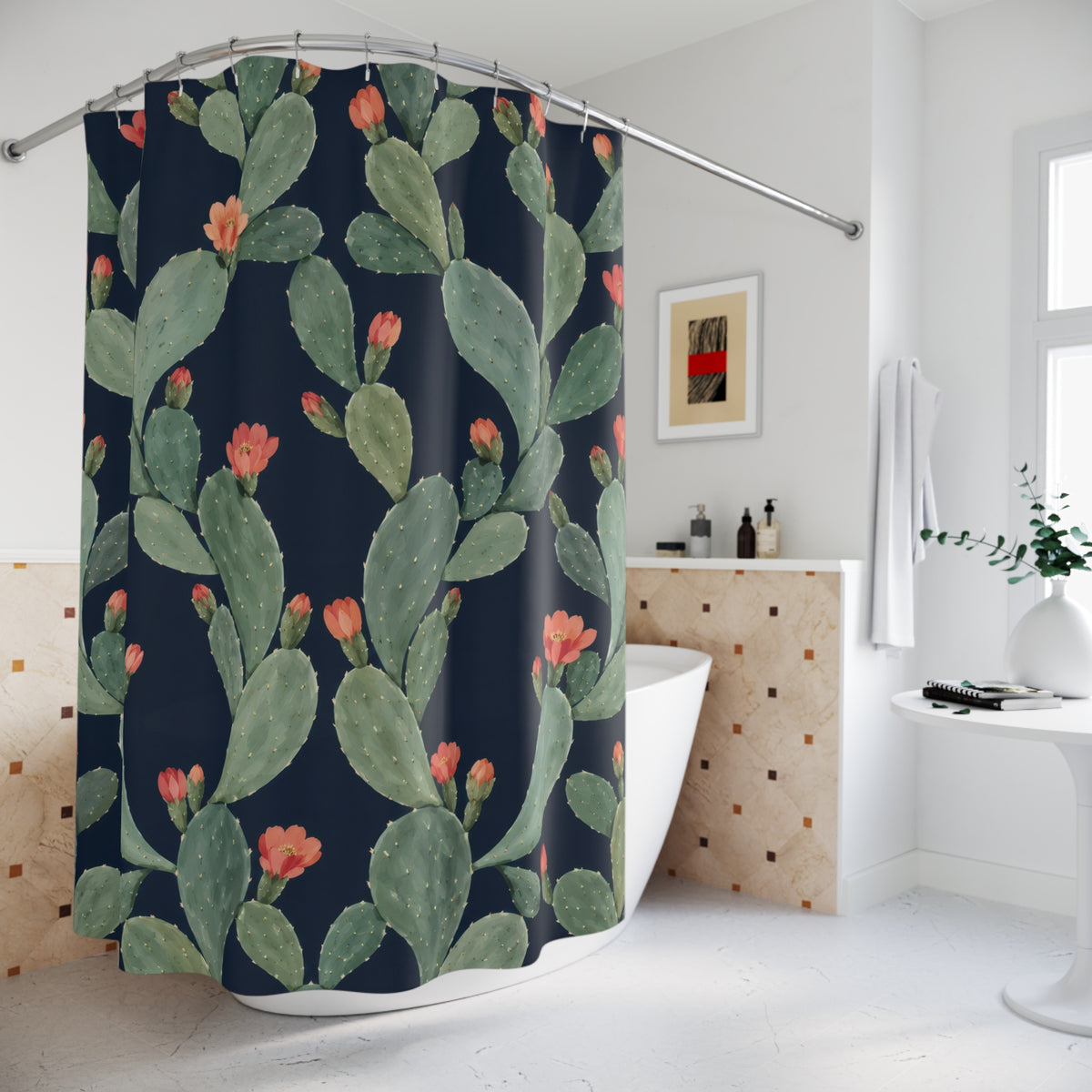 Sage prickly pear cactus with coral flowers on navy shower curtain beside a freestanding tub