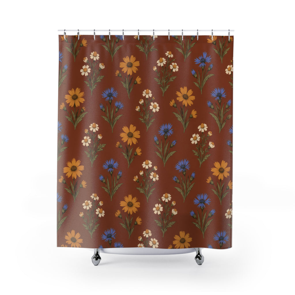Ochre flowers, blue cornflowers and cream daisies on russet shower curtain with full front view