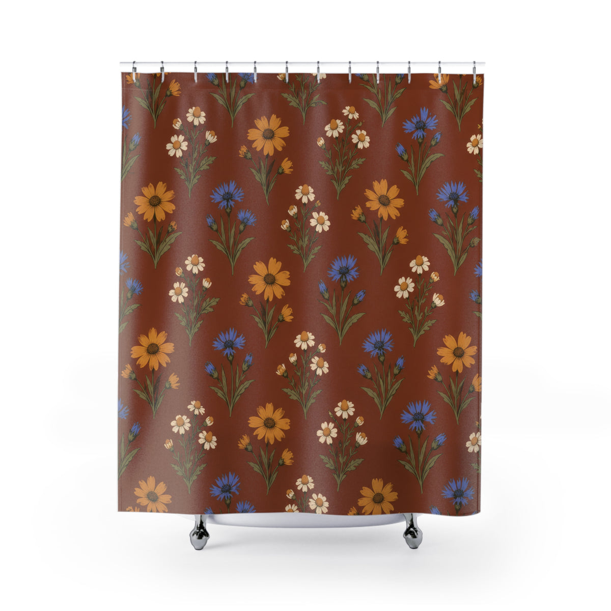 Ochre flowers, blue cornflowers and cream daisies on russet shower curtain with full front view