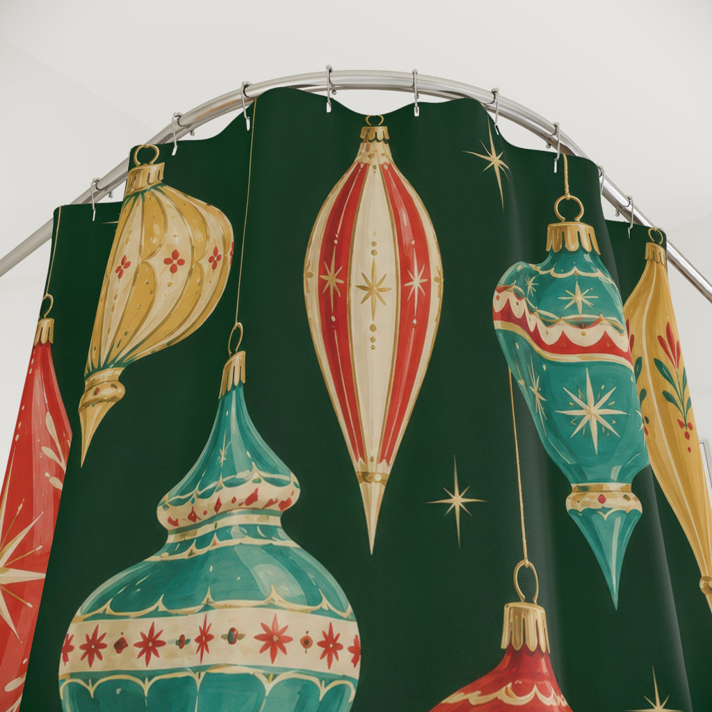 Red turquoise and gold-tone ornaments on evergreen shower curtain with close-up print, hooks, and folds