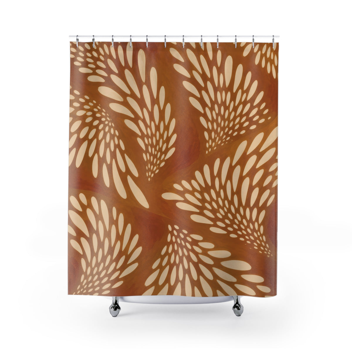 Cream fawn spot fans on ochre and burnt orange shower curtain with full front view