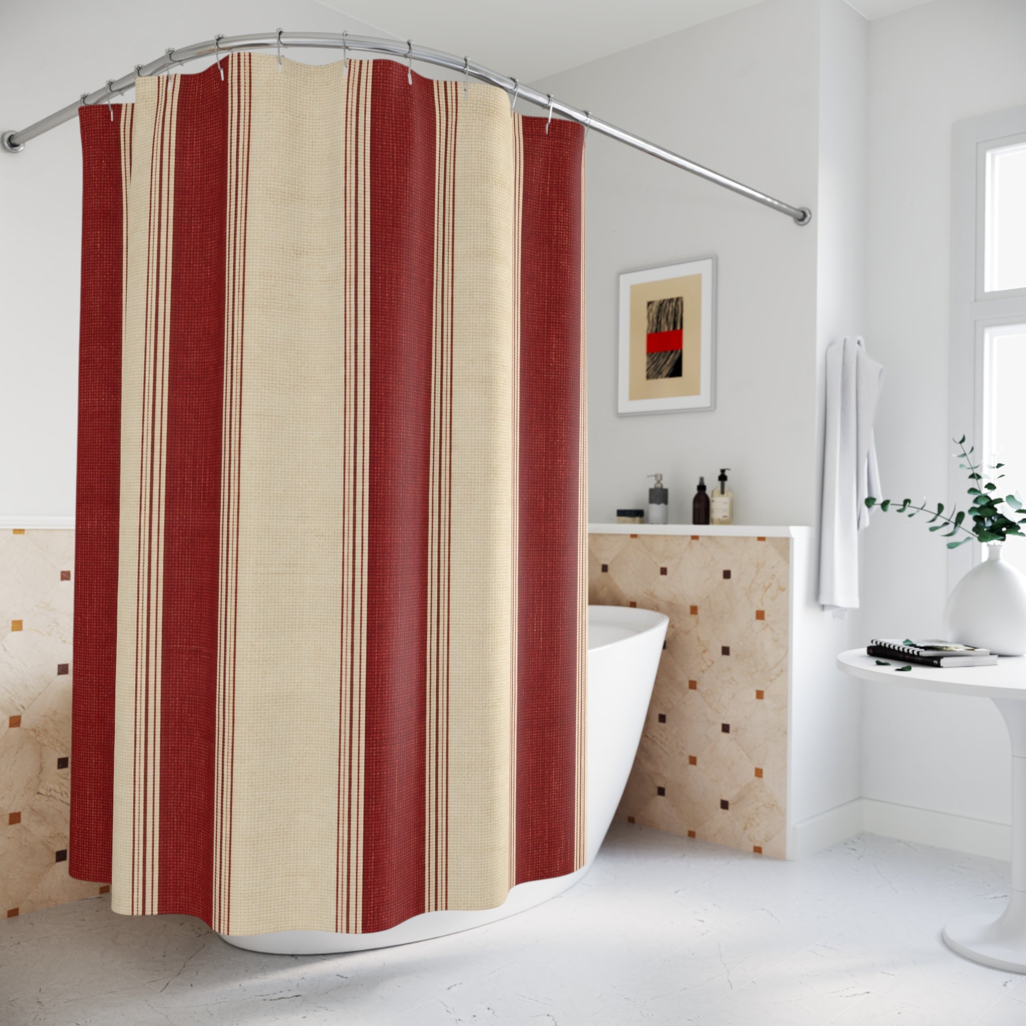 Red and White Awning Stripe Shower Curtain