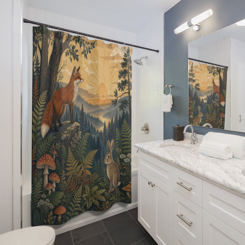 Woodland Sunrise Fox and Hare Shower Curtain