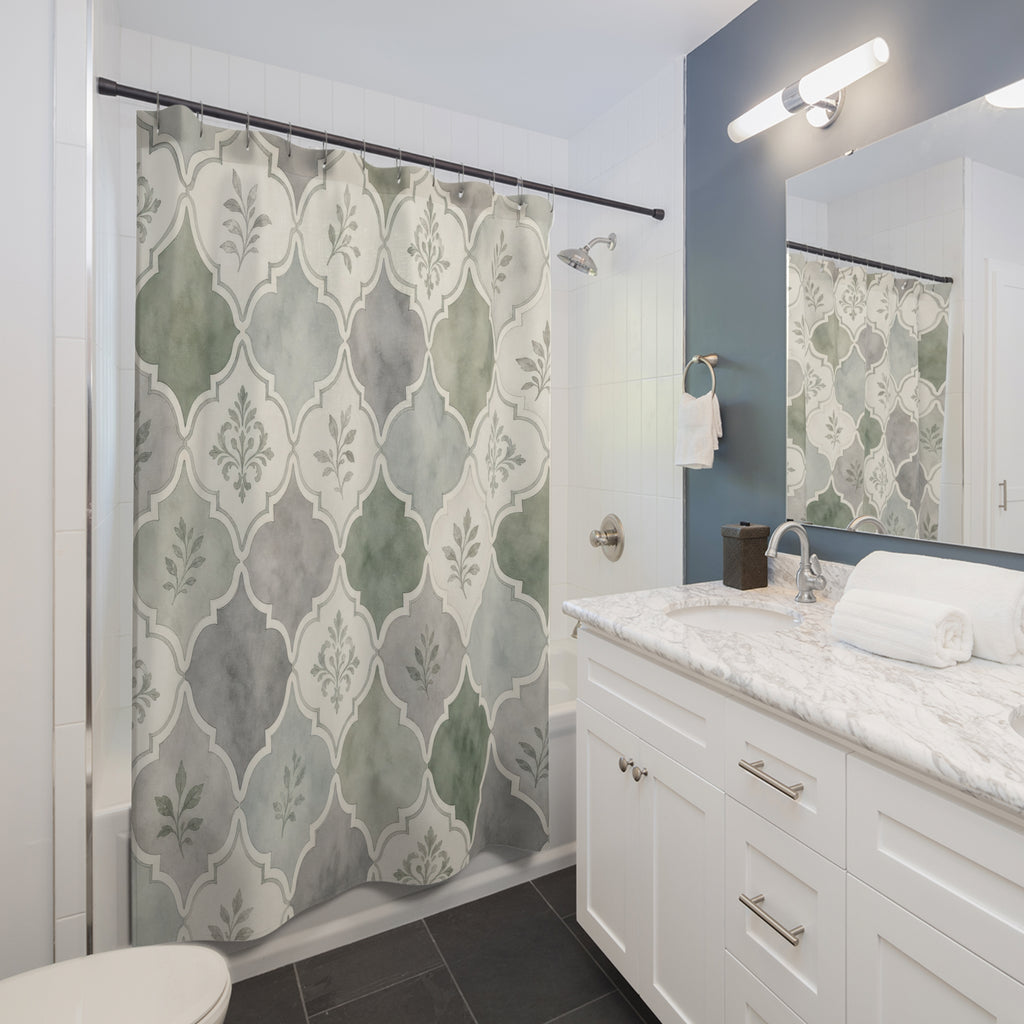 Green Grey Tile Shower Curtain, Green Grey Classic Bathroom Decor, Tile Floral Bath Curtain, Guest Bath Decor, Small Bathroom Decor