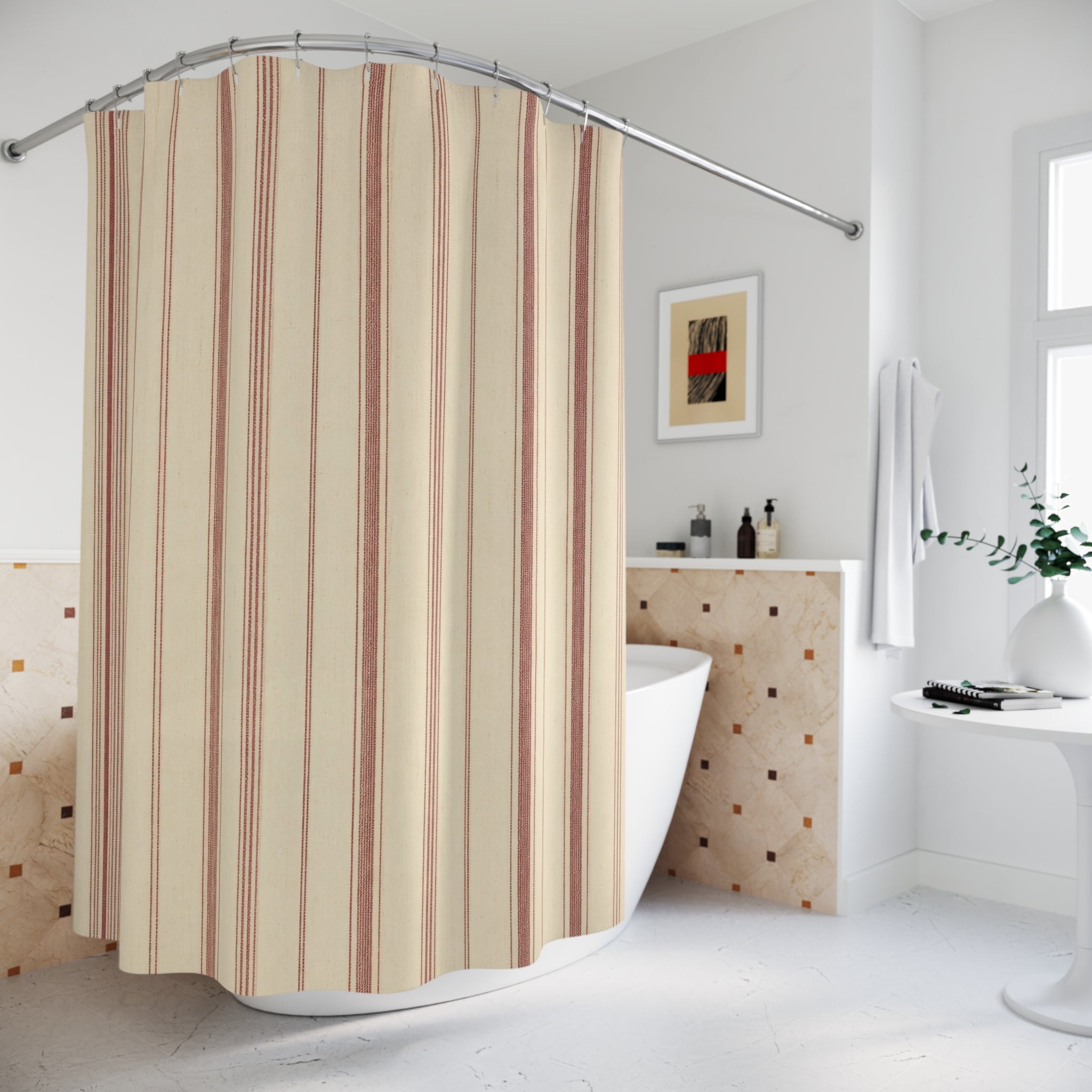 Red Cream Ticking Stripe Shower Curtain
