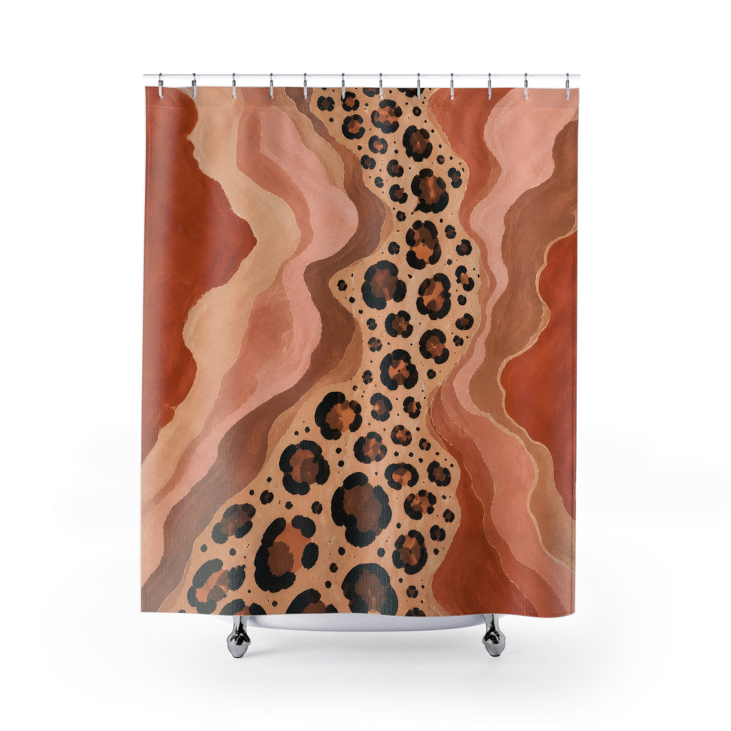 Cheetah print flowing through terracotta canyon shapes shower curtain with full front view