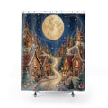 Moonlit gingerbread village with candy cane road shower curtain with full front view