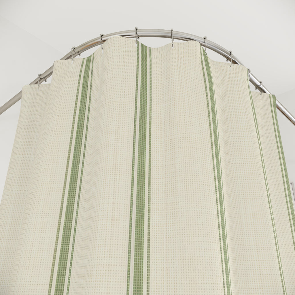 Sage Cream Farmhouse Green Ticking Stripe Shower Curtain