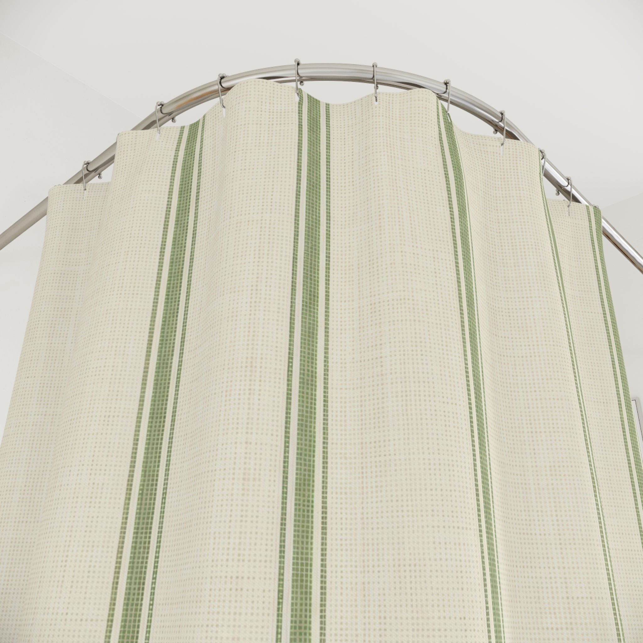 Sage Cream Farmhouse Green Ticking Stripe Shower Curtain
