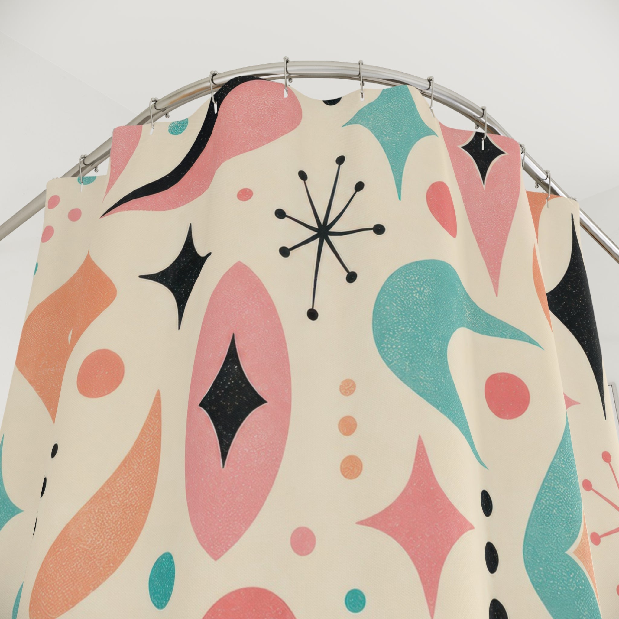 Retro Shower Curtain, Pink Teal Boomerang Atomic Pattern, Mid Century Bathroom Decor, Playful Guest Bath Wall Gift Idea For Home Style