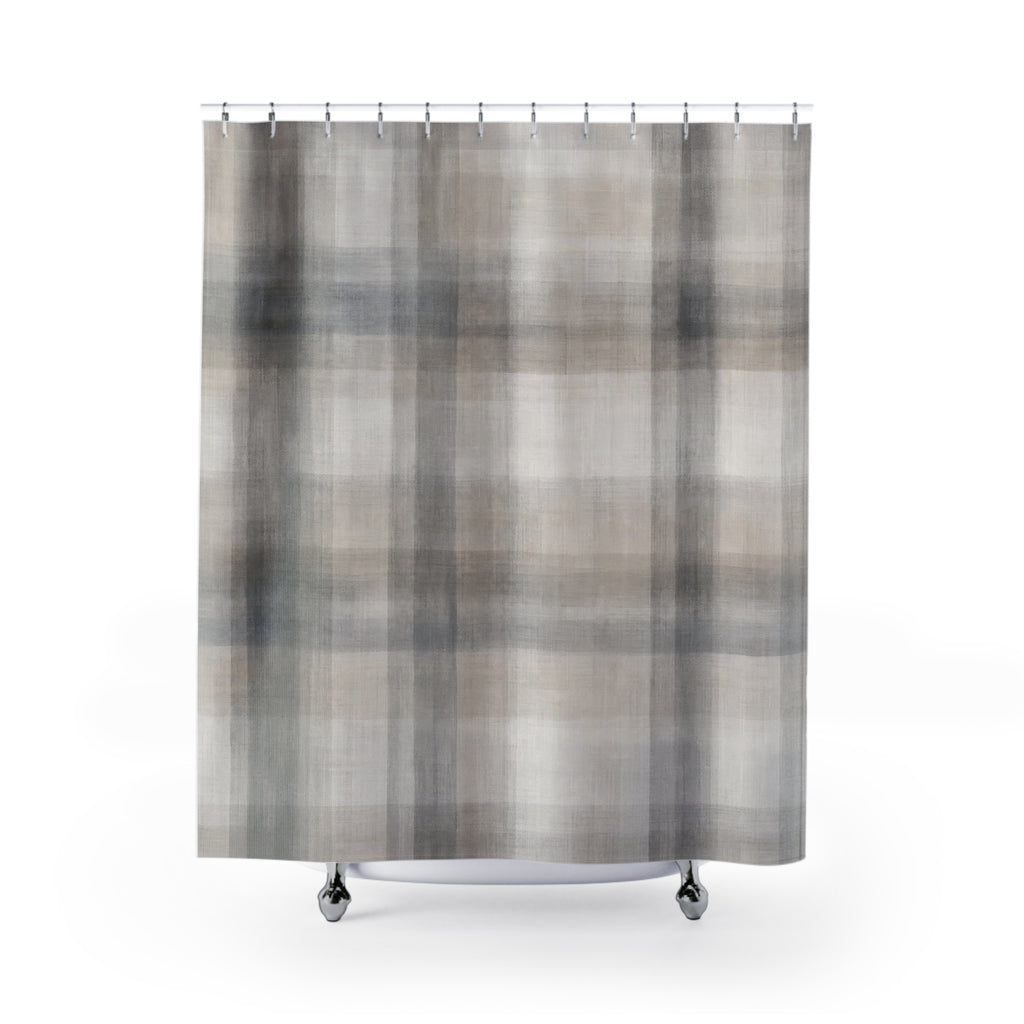 Plaid Shower Curtain, Gray Cream Bath Decor, Soft Checkered Pattern, Neutral Farmhouse Guest Bathroom Decor, Classic Gray Plaid Style