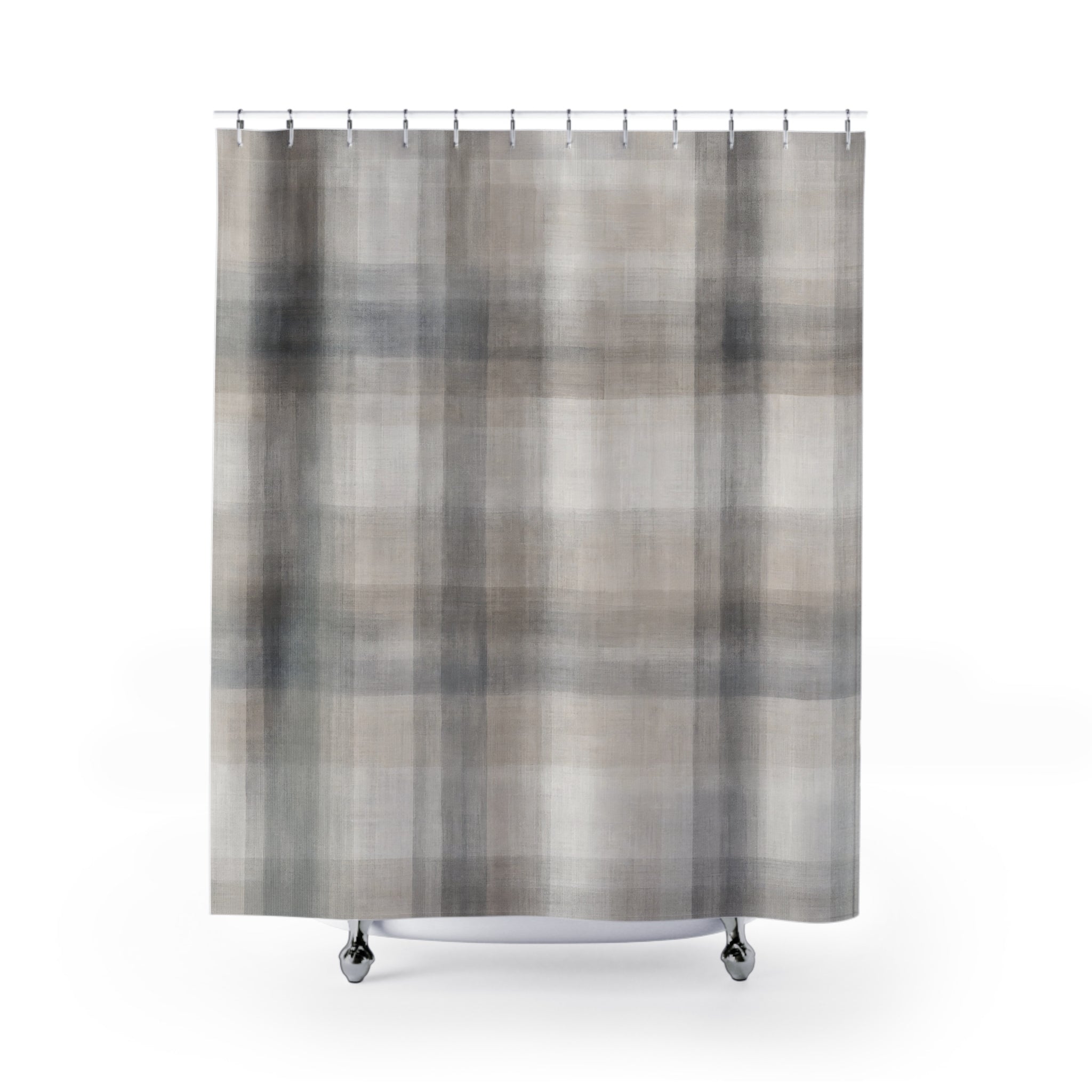 Plaid Shower Curtain, Gray Cream Bath Decor, Soft Checkered Pattern, Neutral Farmhouse Guest Bathroom Decor, Classic Gray Plaid Style