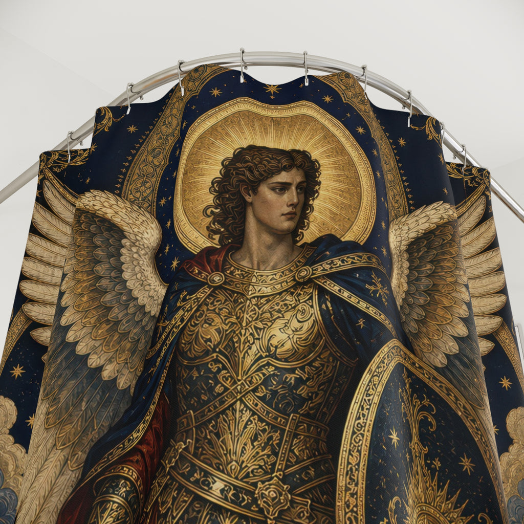 Archangel Michael Shower Curtain, Warrior Angel Art, Black Gold Guardian Angel Decor, Celestial Shield Sword Bathroom Accent, Sacred Art
