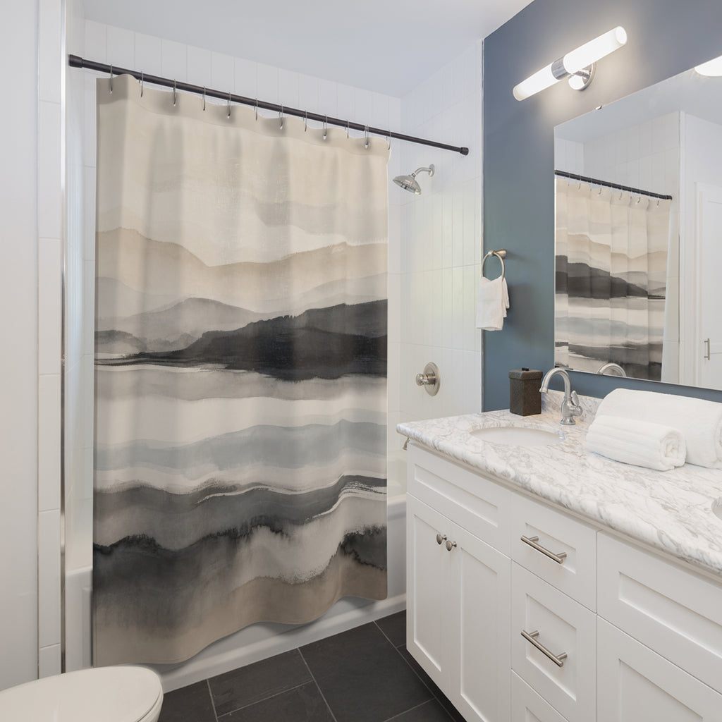 Black Beige Watercolor Hills Shower Curtain