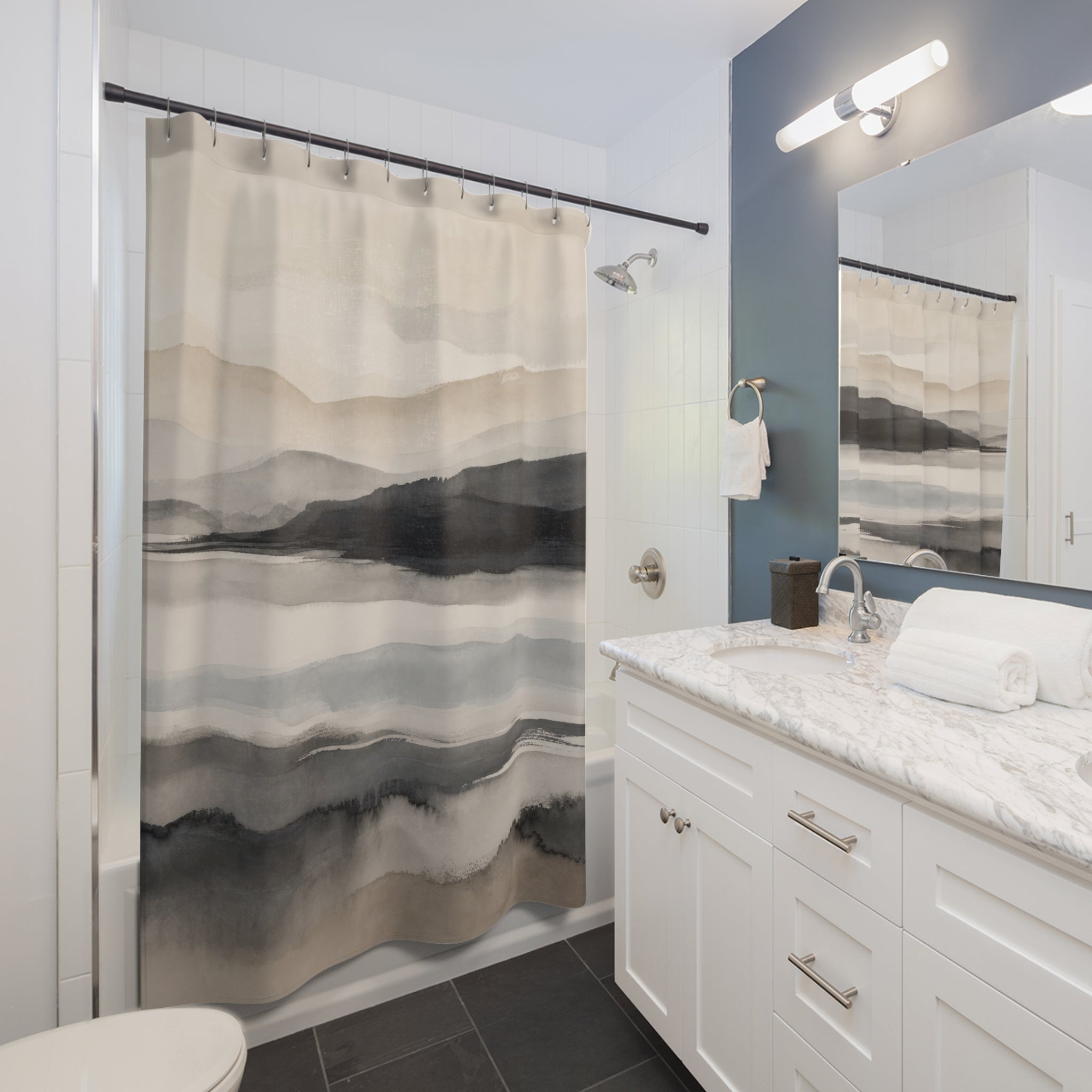 Black Beige Watercolor Hills Shower Curtain
