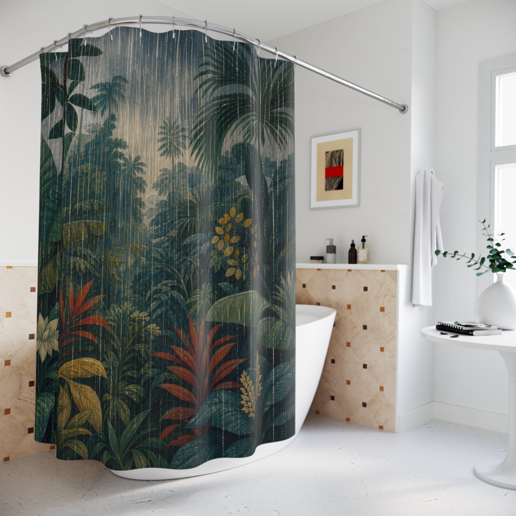 Jungle Rain Botanical Print Shower Curtain