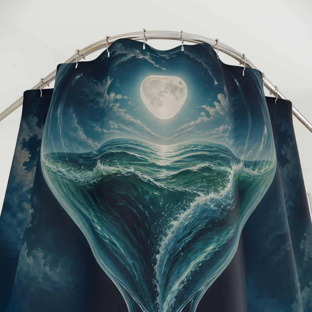 Moonlit ocean inside a glass hourglass shower curtain with close-up print, hooks, and folds