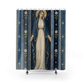 Virgin Mary with indigo stripes and ivory roses shower curtain with full front view