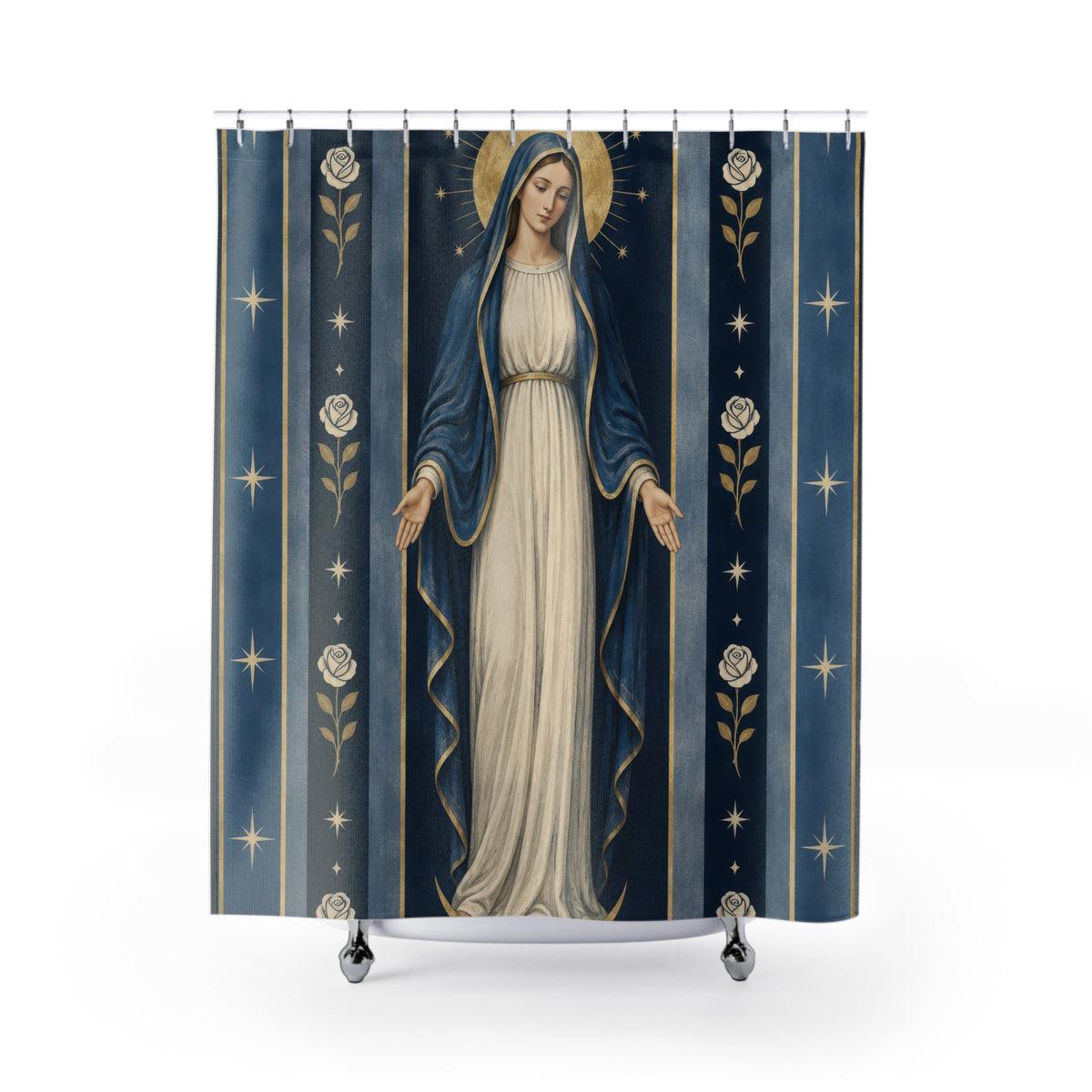 Virgin Mary with indigo stripes and ivory roses shower curtain with full front view