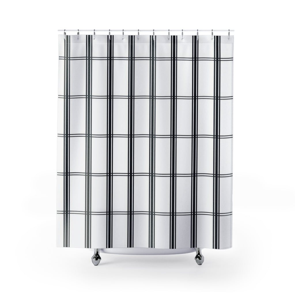 Black vertical stripe groups and fine windowpane crossbars shower curtain with full front view