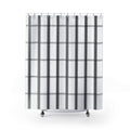 Black vertical stripe groups and fine windowpane crossbars shower curtain with full front view