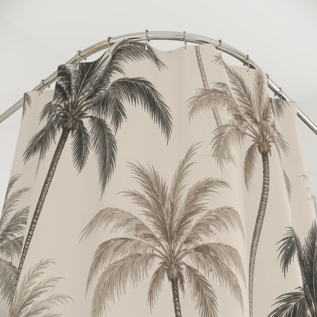 Charcoal and taupe palm trees in a cream botanical toile shower curtain with close-up print, hooks, and folds