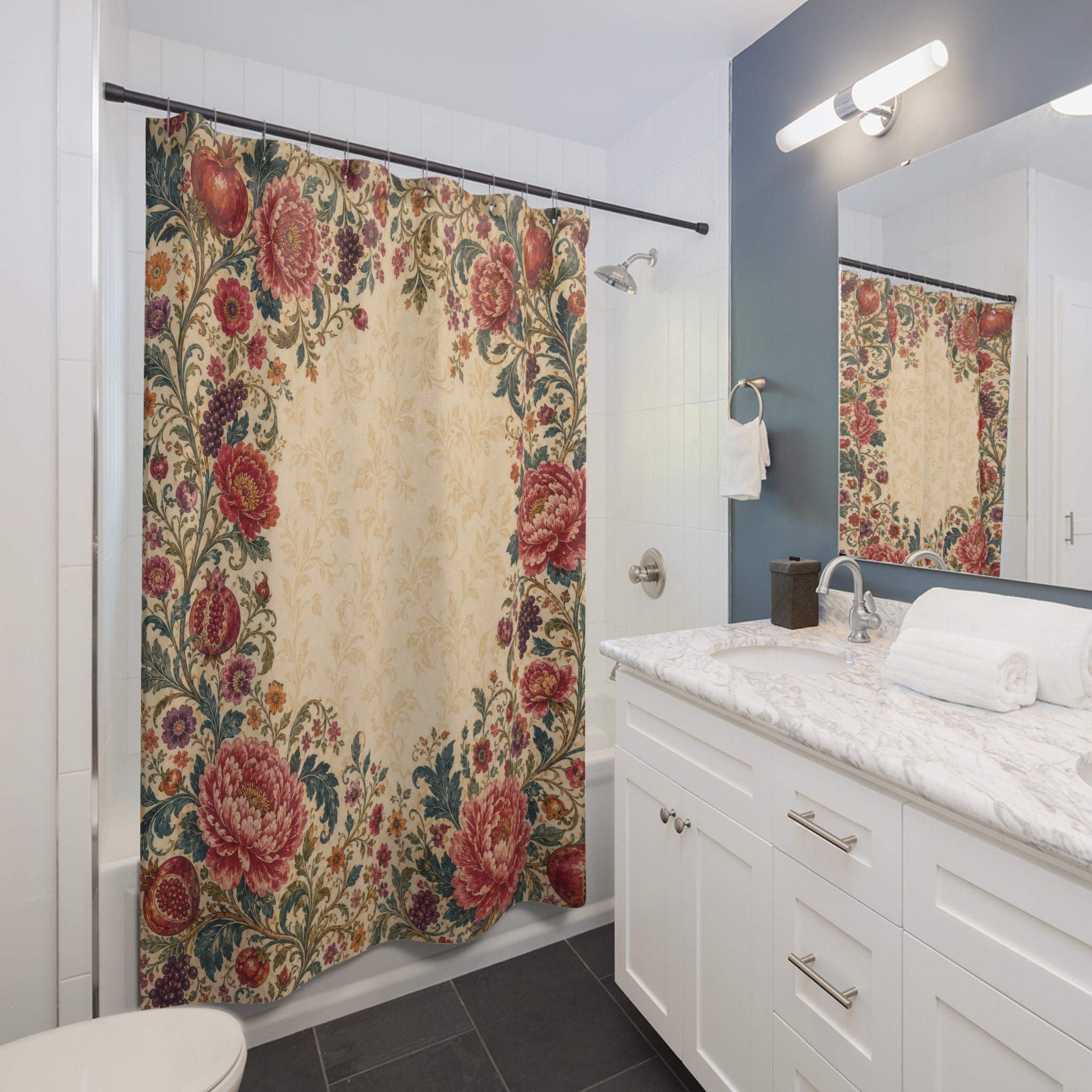 Boho Floral Border Pomegranate Shower Curtain