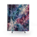 Pastel snowflakes over teal, plum, and pink watercolor currents shower curtain with full front view