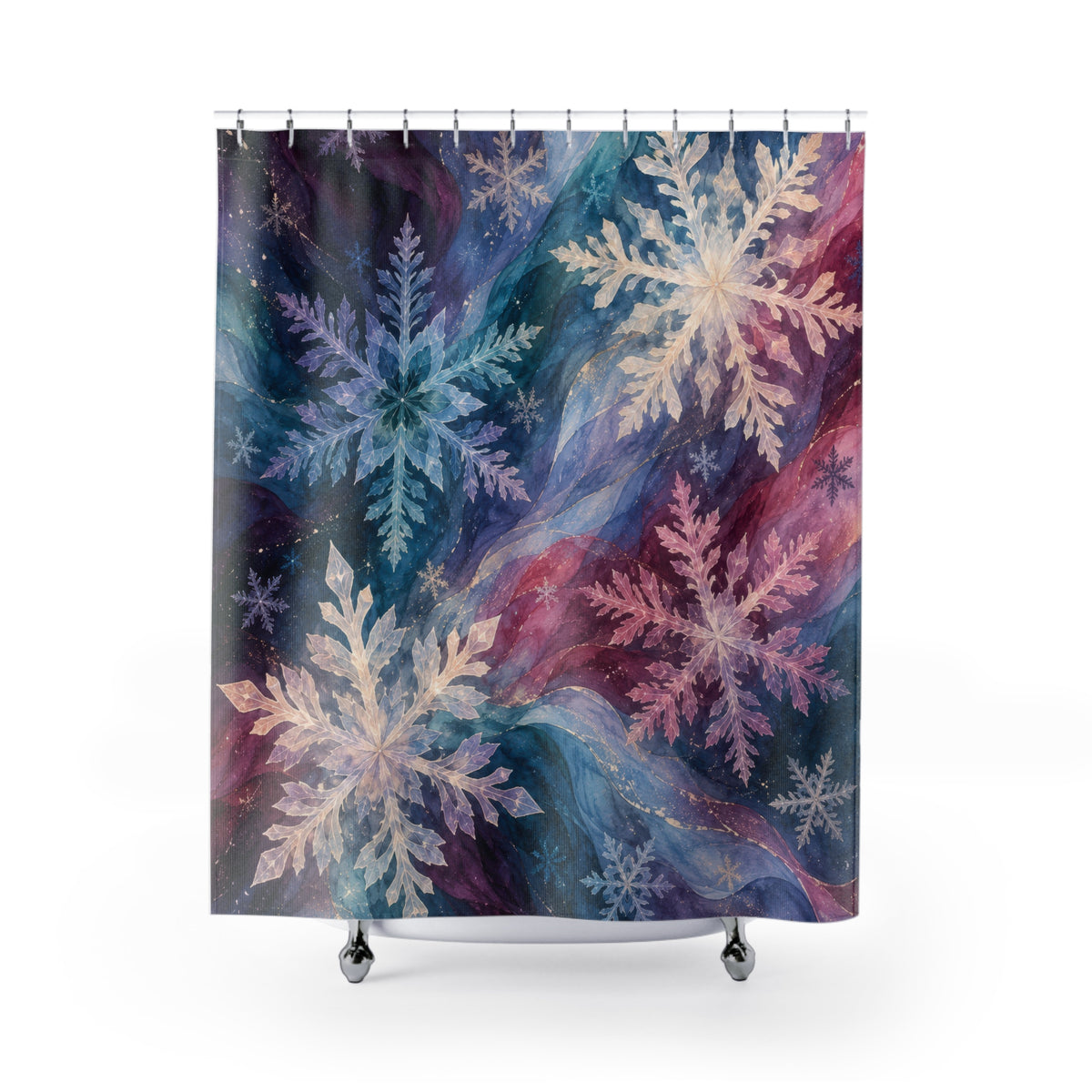 Pastel snowflakes over teal, plum, and pink watercolor currents shower curtain with full front view