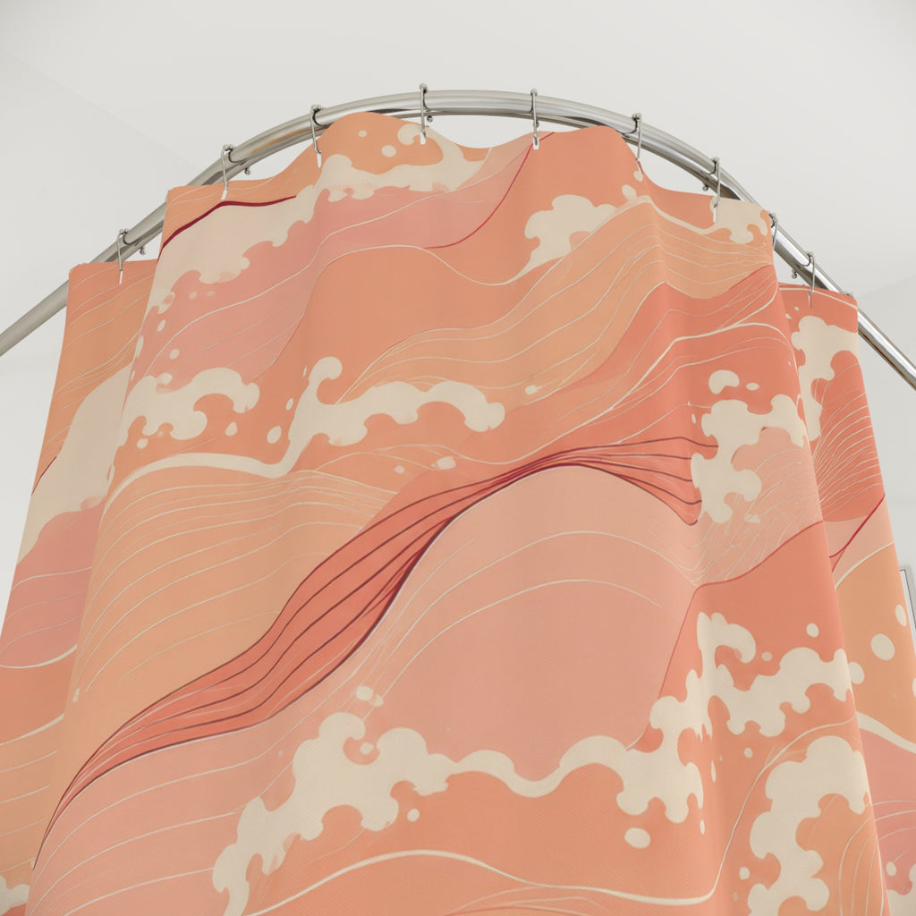 Peachy coral waves with cream foam shower curtain with close-up print, hooks, and folds