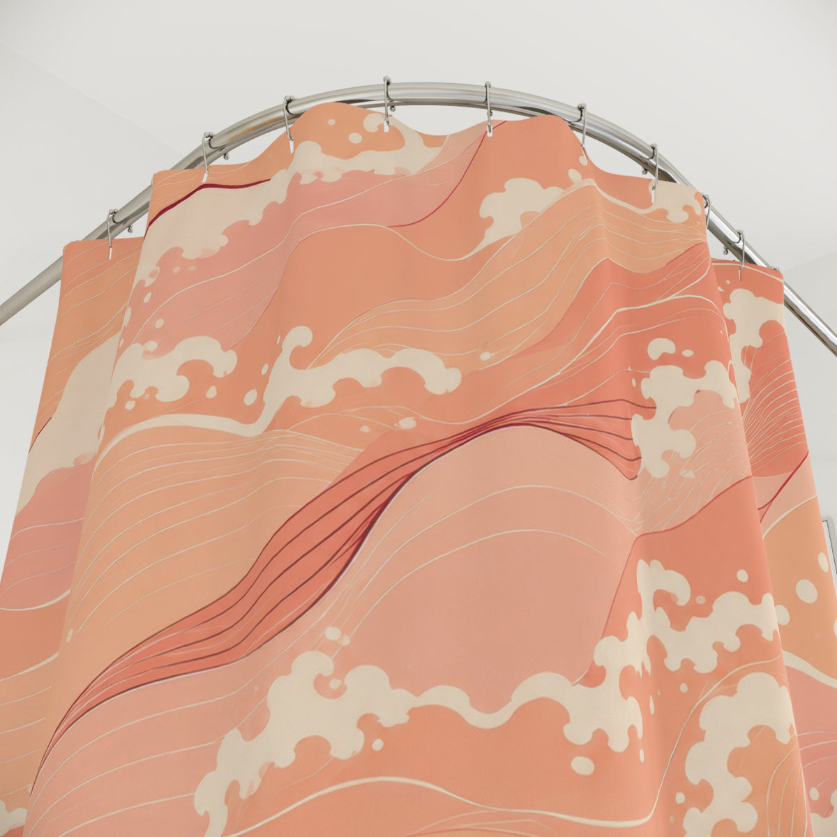 Peachy coral waves with cream foam shower curtain with close-up print, hooks, and folds