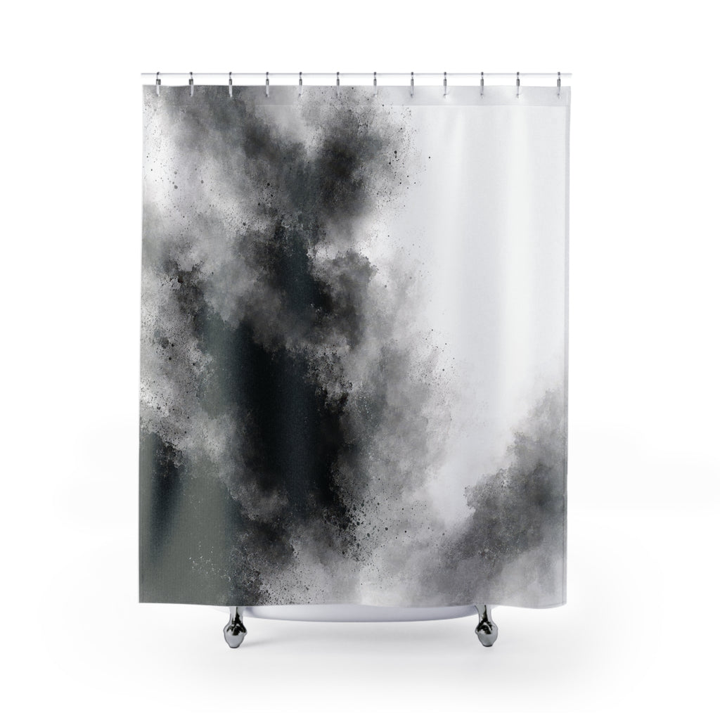 Black and gray granular ink washes beside open white space shower curtain with full front view