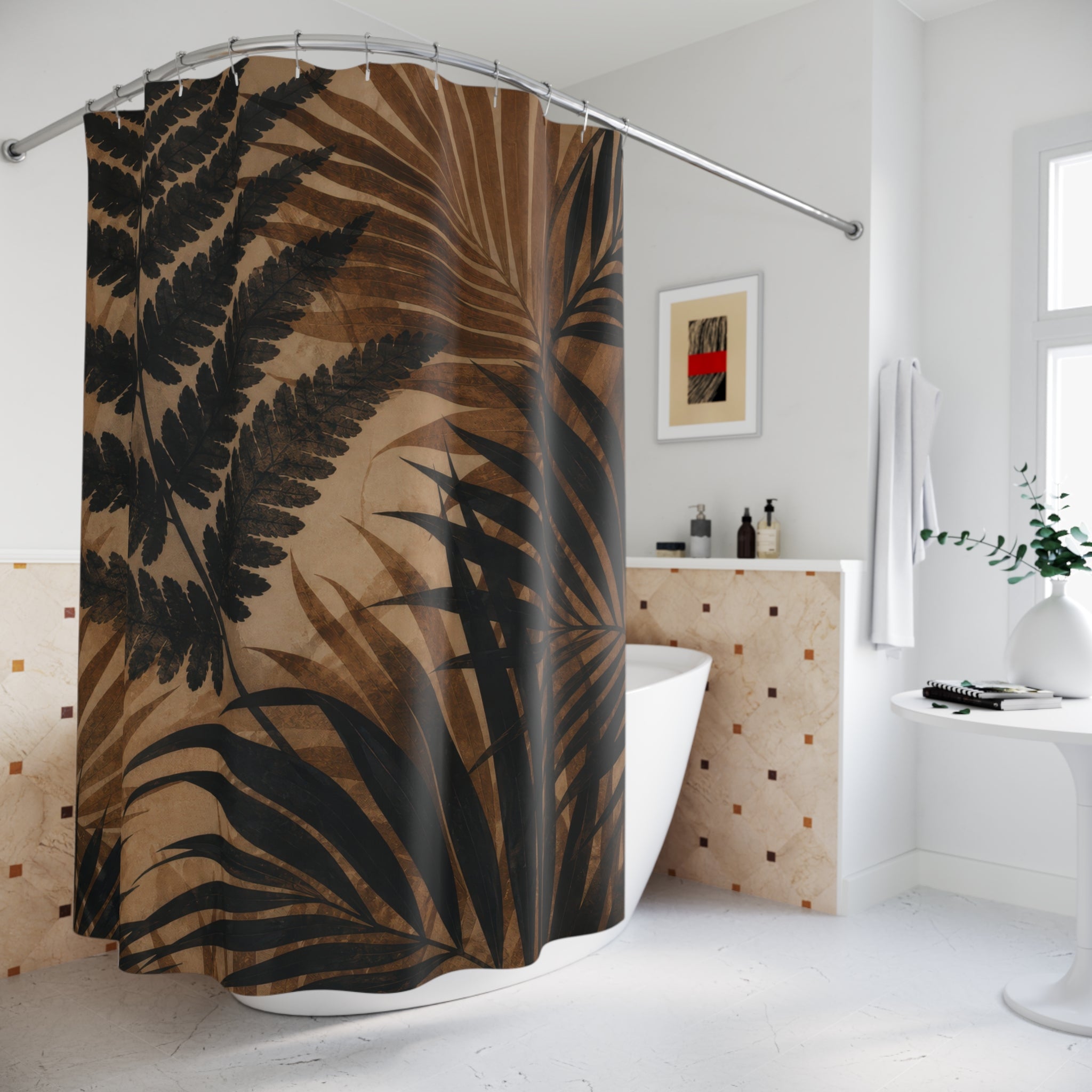 Black Brown Tropical Botanical Shower Curtain