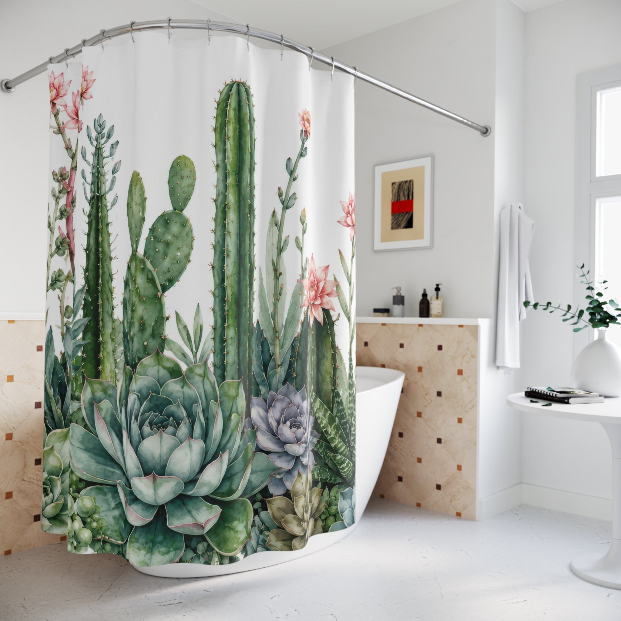 Succulent Shower Curtain: Sage Green Botanical Cactus