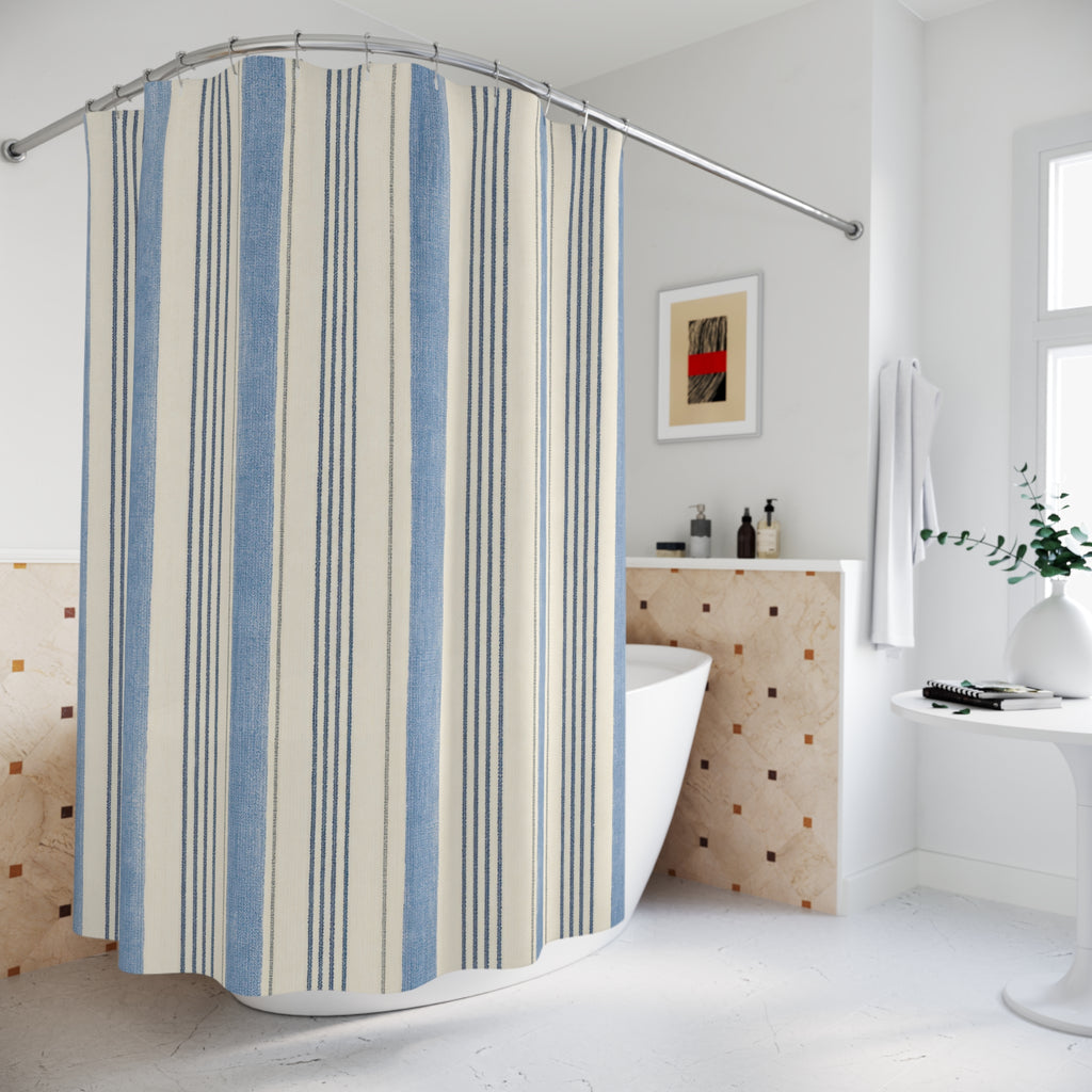 Faded Blue Ivory Ticking Stripe Shower Curtain