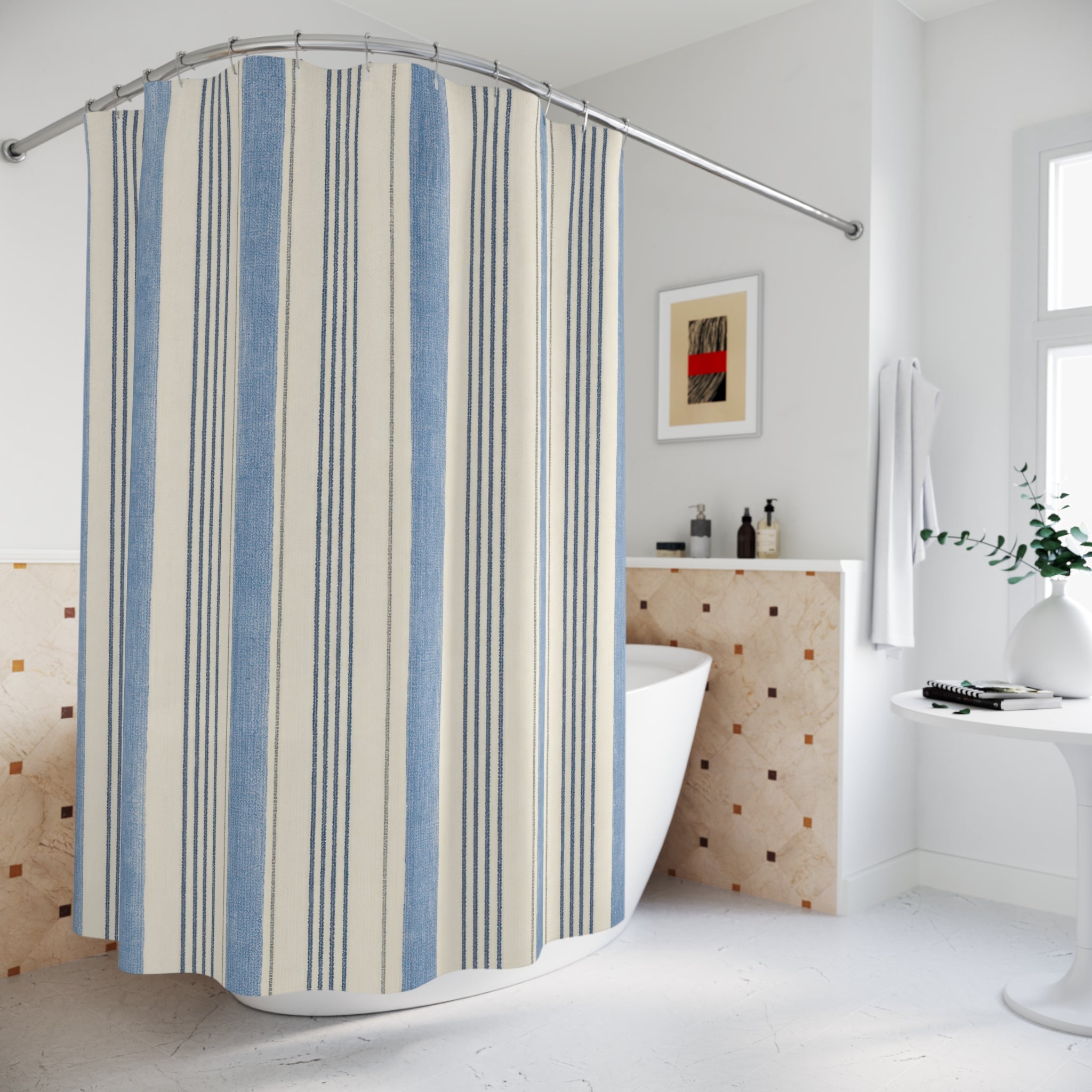 Faded Blue Ivory Ticking Stripe Shower Curtain