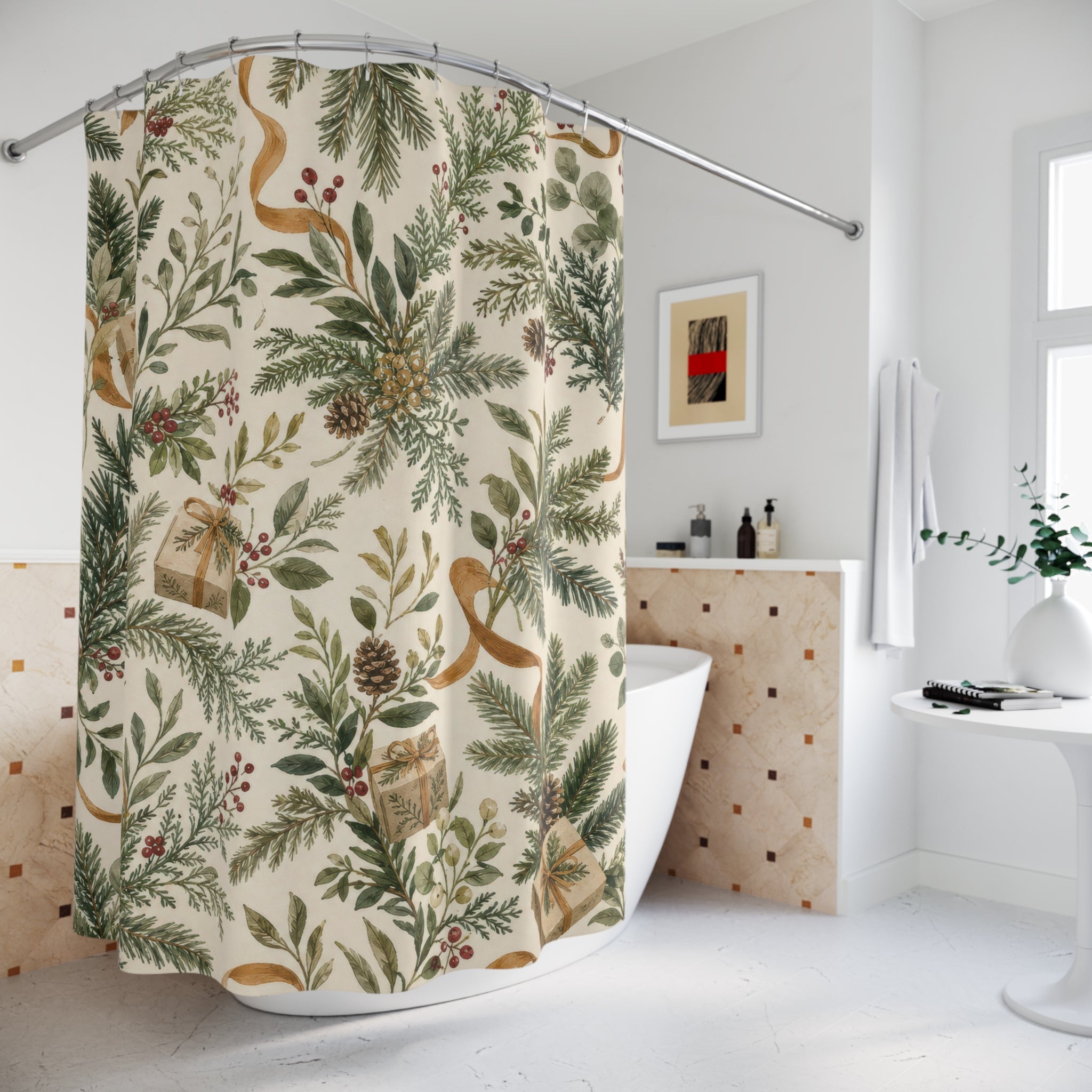 Green Botanical Christmas Shower Curtain