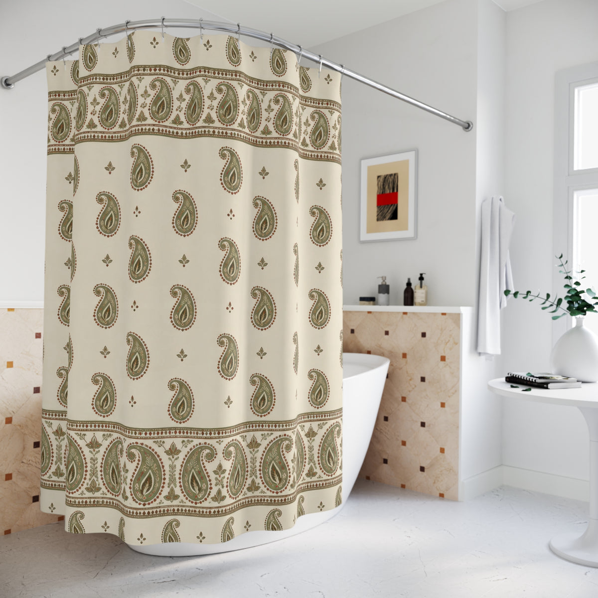 Sage paisley borders and rust outlines on cream shower curtain beside a freestanding tub