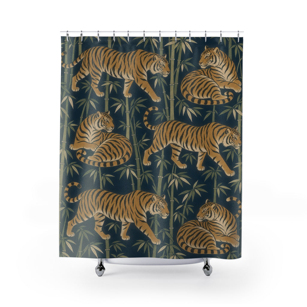 Ochre tiger and olive bamboo pattern on indigo shower curtain with full front view