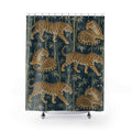 Ochre tiger and olive bamboo pattern on indigo shower curtain with full front view