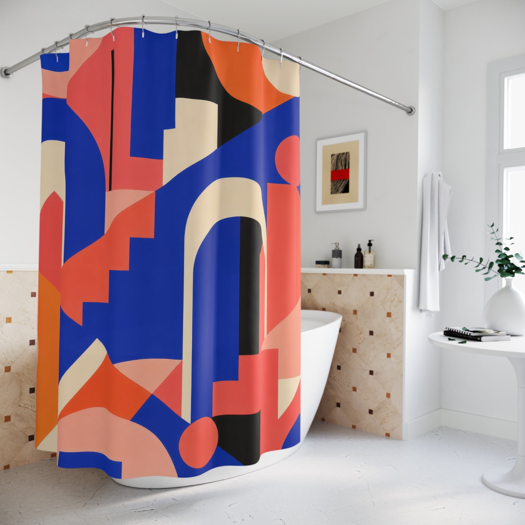 Cobalt Coral Geometric Shower Curtain