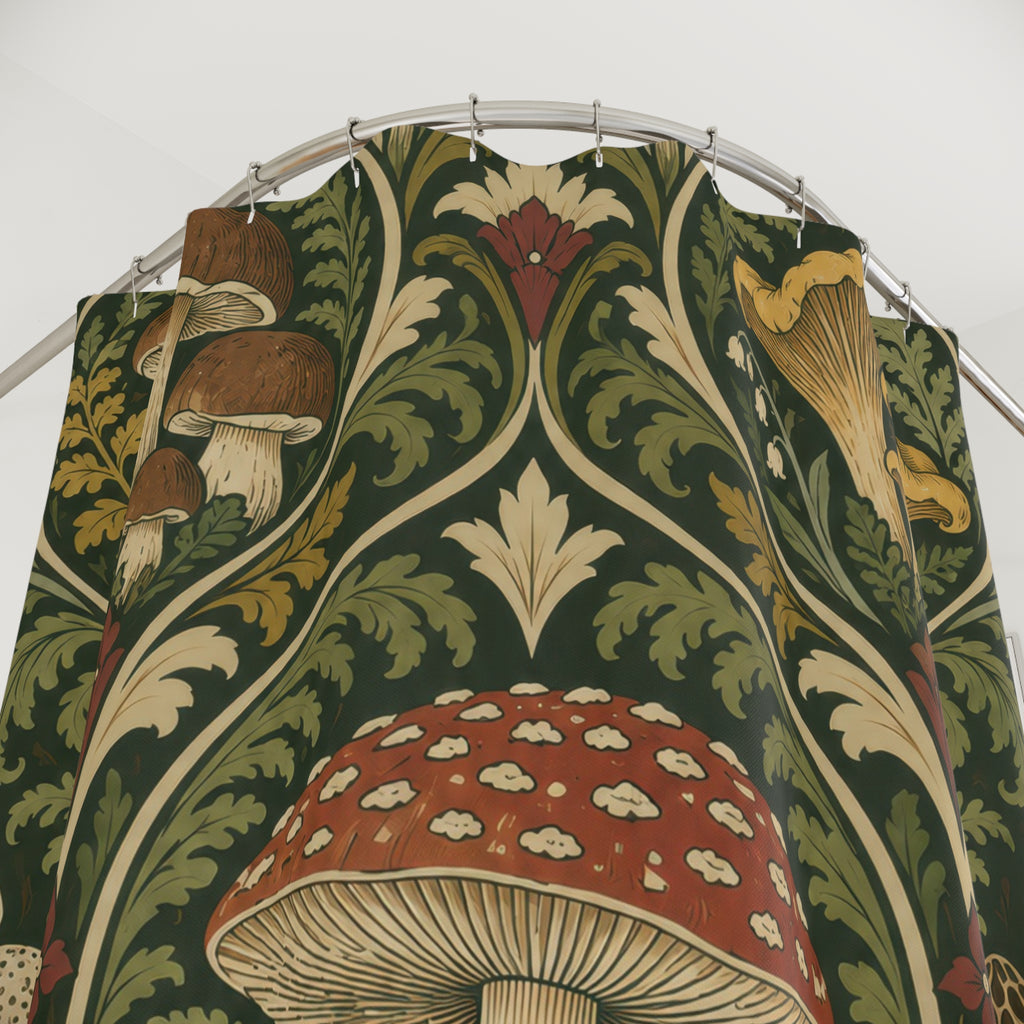 Vintage mushroom ornament in olive green and rust shower curtain with close-up print, hooks, and folds